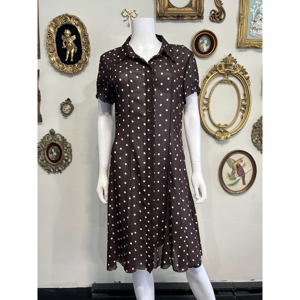 Sandra Darren Vintage Brown White Polka Dot Short Sleeve Shirt Dress Size 12P